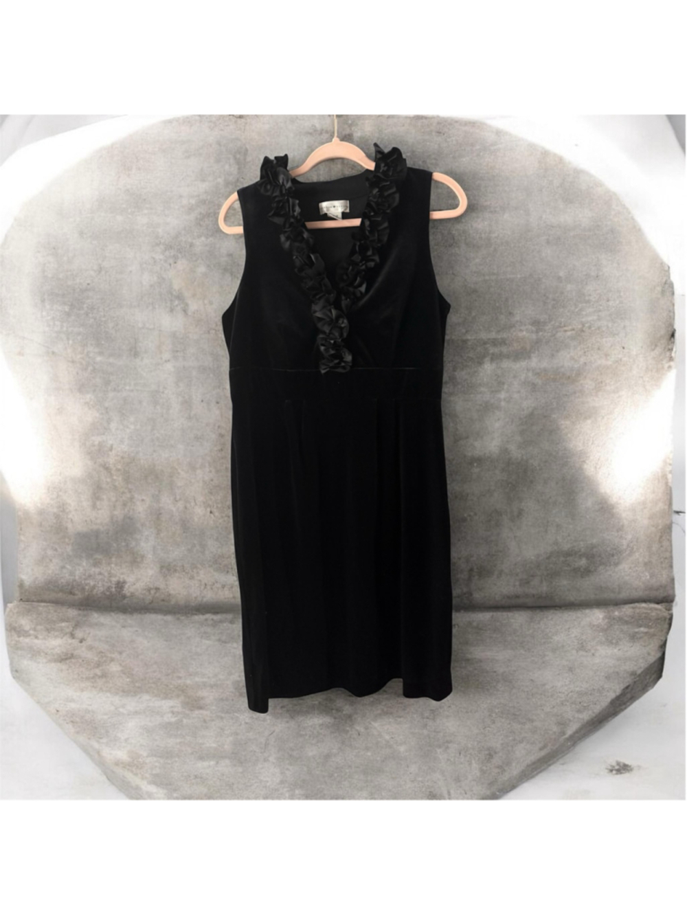 Women's London Style Black Velvet Ruffle V-Neck Dress Size 12